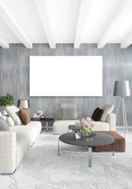 Dikey modern iç yatak odası veya oturma odası eklektik duvar ve boş çerçeve çizim boşaltmak için. 3D render