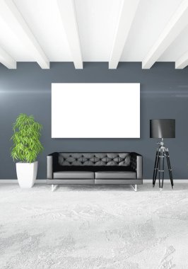 Dikey modern iç yatak odası veya oturma odası eklektik duvar ve boş çerçeve çizim boşaltmak için. 3D render