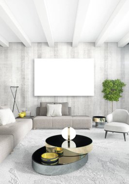 Dikey modern iç yatak odası veya oturma odası eklektik duvar ve boş çerçeve çizim boşaltmak için. 3D render