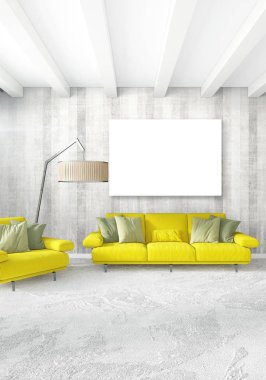 Dikey modern iç yatak odası veya oturma odası eklektik duvar ve boş çerçeve çizim boşaltmak için. 3D render