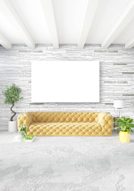 Dikey modern iç yatak odası veya oturma odası eklektik duvar ve boş çerçeve çizim boşaltmak için. 3D render