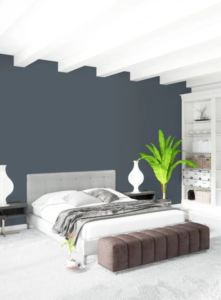 Moderní podkroví interiéru ložnice nebo obývacího pokoje s eklektickou zdi s prostorem. 3D vykreslování. — Stock fotografie