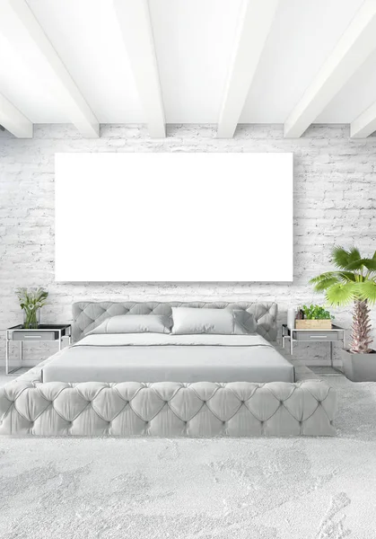 Camera da letto moderna verticale o soggiorno con parete eclettica e cornice vuota per il disegno copyspace. Rendering 3D — Foto Stock