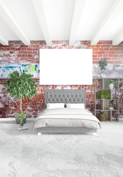 수직 현대 인테리어 침실 또는 거실 절충 주의 벽과 copyspace 그리기에 대 한 빈 프레임. 3 차원 렌더링 — 스톡 사진