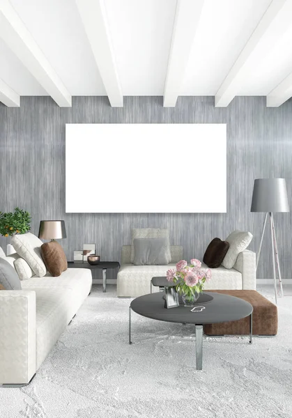 Dikey modern iç yatak odası veya oturma odası eklektik duvar ve boş çerçeve çizim boşaltmak için. 3D render