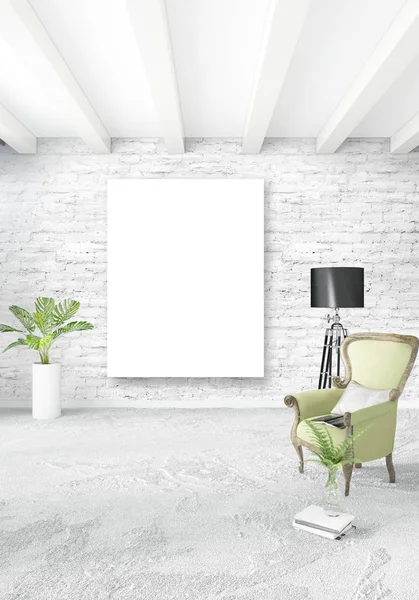 Dormitorio interior moderno vertical o sala de estar con pared ecléctica y marco vacío para el dibujo de copyspace. Renderizado 3D —  Fotos de Stock