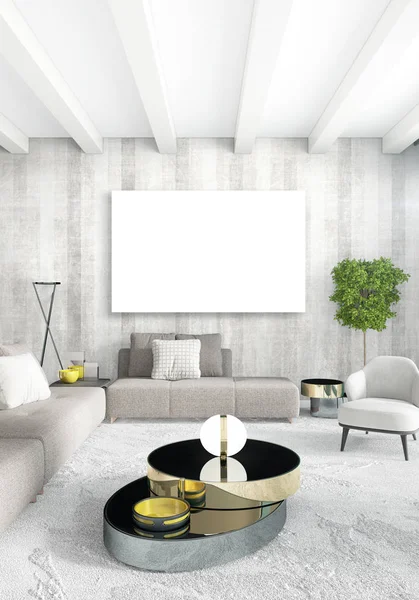 Dormitorio interior moderno vertical o sala de estar con pared ecléctica y marco vacío para el dibujo de copyspace. Renderizado 3D —  Fotos de Stock