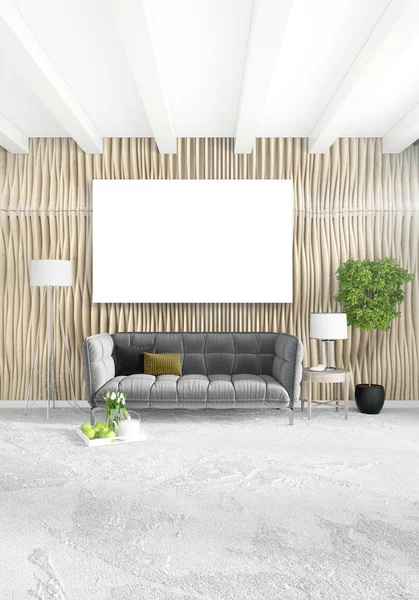 Vertikala moderna inredning sovrum eller vardagsrum med eklektisk vägg och Tom ram för copyspace ritning. 3D-rendering — Stockfoto