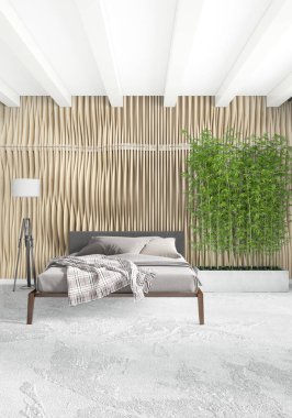 Dikey yatak odası en az ya da Loft tarzı iç tasarım. 3D render. Kavram fikir.