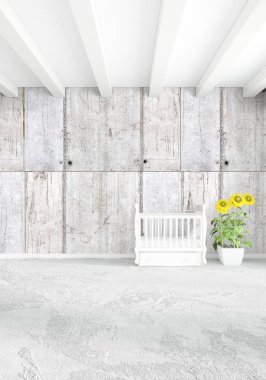 Dikey yatak odası en az ya da Loft tarzı iç tasarım. 3D render. Kavram fikir.