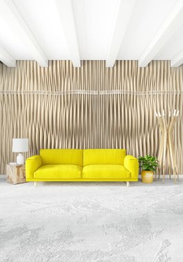 Dikey yatak odası en az ya da Loft tarzı iç tasarım. 3D render. Kavram fikir.