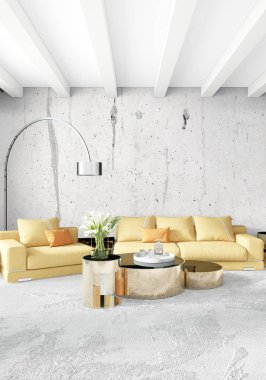 Dikey yatak odası en az ya da Loft tarzı iç tasarım. 3D render. Kavram fikir.