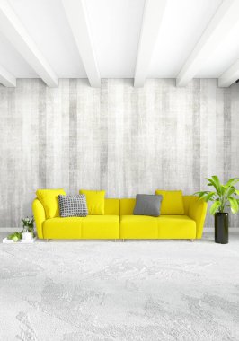 Dikey yatak odası en az ya da Loft tarzı iç tasarım. 3D render. Kavram fikir.