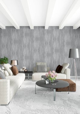Dikey yatak odası en az ya da Loft tarzı iç tasarım. 3D render. Kavram fikir.