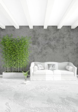 Dikey yatak odası en az ya da Loft tarzı iç tasarım. 3D render. Kavram fikir.