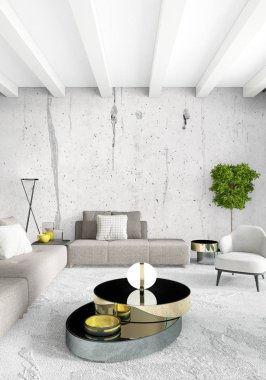 Dikey yatak odası en az ya da Loft tarzı iç tasarım. 3D render. Kavram fikir.