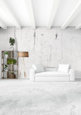 Dikey yatak odası en az ya da Loft tarzı iç tasarım. 3D render. Kavram fikir.