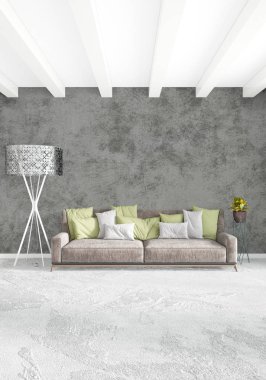 Dikey yatak odası en az ya da Loft tarzı iç tasarım. 3D render. Kavram fikir.