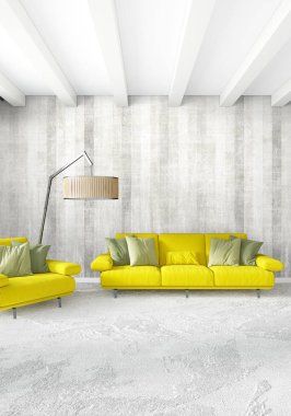 Dikey yatak odası en az ya da Loft tarzı iç tasarım. 3D render. Kavram fikir.