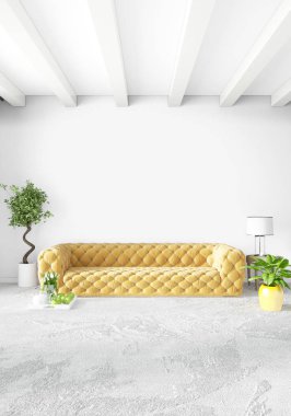 Dikey yatak odası en az ya da Loft tarzı iç tasarım. 3D render. Kavram fikir.