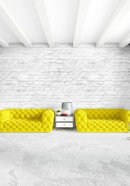 Dikey yatak odası en az ya da Loft tarzı iç tasarım. 3D render. Kavram fikir.