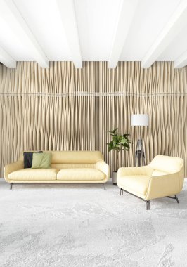 Dikey yatak odası en az ya da Loft tarzı iç tasarım. 3D render. Kavram fikir.