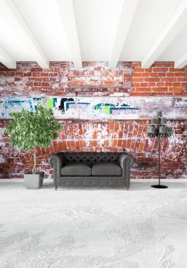 Dikey yatak odası en az ya da Loft tarzı iç tasarım. 3D render. Kavram fikir.