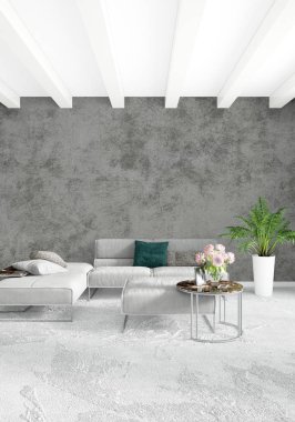 Dikey yatak odası en az ya da Loft tarzı iç tasarım. 3D render. Kavram fikir.