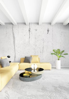 Dikey yatak odası en az ya da Loft tarzı iç tasarım. 3D render. Kavram fikir.