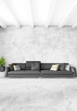 Dikey yatak odası en az ya da Loft tarzı iç tasarım. 3D render. Kavram fikir.