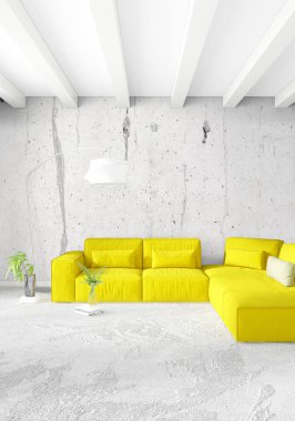 Dikey yatak odası en az ya da Loft tarzı iç tasarım. 3D render. Kavram fikir.