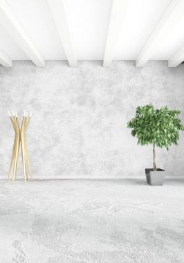 Dikey yatak odası en az ya da Loft tarzı iç tasarım. 3D render. Kavram fikir.