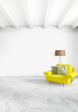 Dikey yatak odası en az ya da Loft tarzı iç tasarım. 3D render. Kavram fikir.