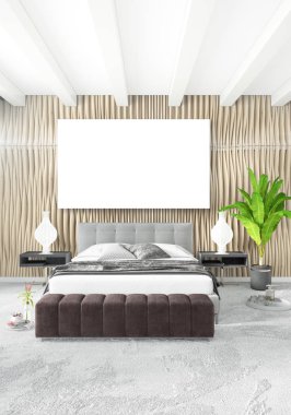 Dikey yatak odası en az ya da Loft tarzı iç tasarım. 3D render. Kavram fikir.