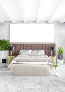 Dikey yatak odası en az ya da Loft tarzı iç tasarım. 3D render. Kavram fikir.