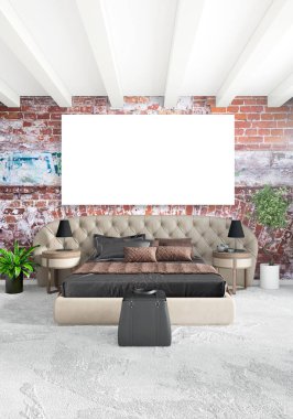 Dikey yatak odası en az ya da Loft tarzı iç tasarım. 3D render. Kavram fikir.