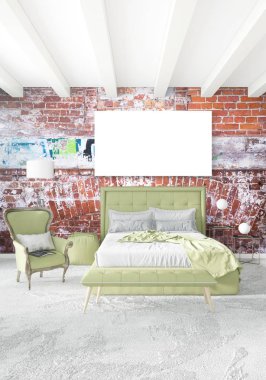 Dikey yatak odası en az ya da Loft tarzı iç tasarım. 3D render. Kavram fikir.