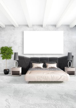 Dikey yatak odası en az ya da Loft tarzı iç tasarım. 3D render. Kavram fikir.