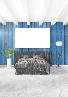 Dikey yatak odası en az ya da Loft tarzı iç tasarım. 3D render. Kavram fikir.