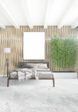 Dikey yatak odası en az ya da Loft tarzı iç tasarım. 3D render. Kavram fikir.