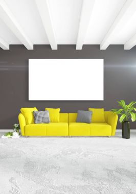 Dikey yatak odası en az ya da Loft tarzı iç tasarım. 3D render. Kavram fikir.