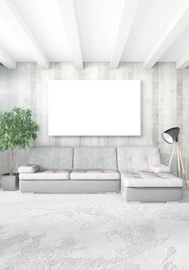 Dikey yatak odası en az ya da Loft tarzı iç tasarım. 3D render. Kavram fikir.