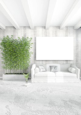 Dikey yatak odası en az ya da Loft tarzı iç tasarım. 3D render. Kavram fikir.