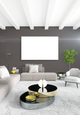 Dikey yatak odası en az ya da Loft tarzı iç tasarım. 3D render. Kavram fikir.