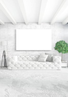 Dikey yatak odası en az ya da Loft tarzı iç tasarım. 3D render. Kavram fikir.