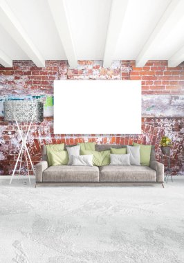 Dikey yatak odası en az ya da Loft tarzı iç tasarım. 3D render. Kavram fikir.