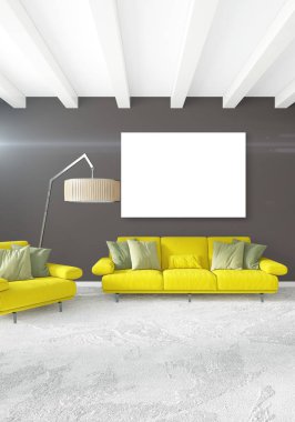 Dikey yatak odası en az ya da Loft tarzı iç tasarım. 3D render. Kavram fikir.