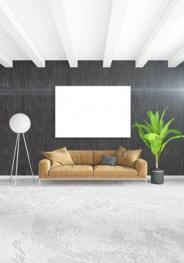 Dikey yatak odası en az ya da Loft tarzı iç tasarım. 3D render. Kavram fikir.