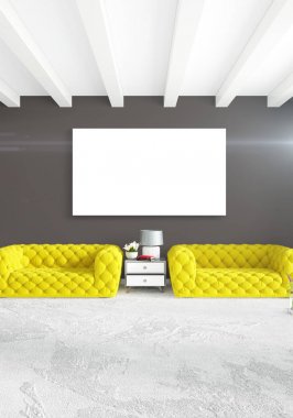 Dikey yatak odası en az ya da Loft tarzı iç tasarım. 3D render. Kavram fikir.