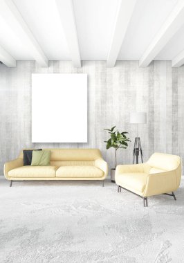 Dikey yatak odası en az ya da Loft tarzı iç tasarım. 3D render. Kavram fikir.